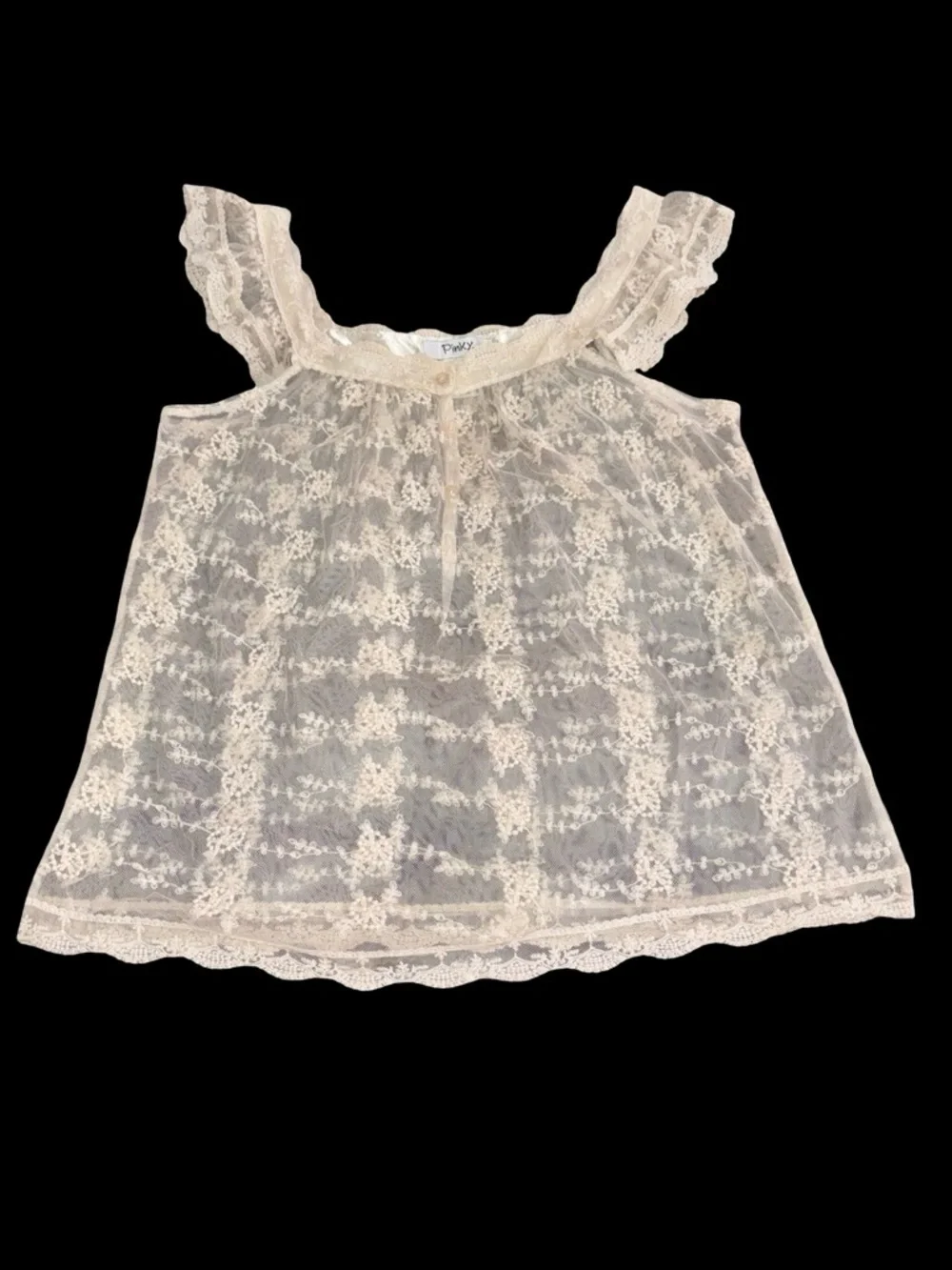 Pinky Lace Sheer Babydoll Top Cream Floral Embroidered Size L